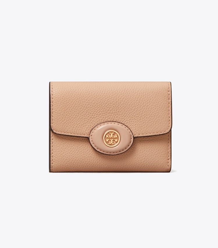 Tory Burch designer wallets Small Robinson Pebbled Wallet in Goan Sand front