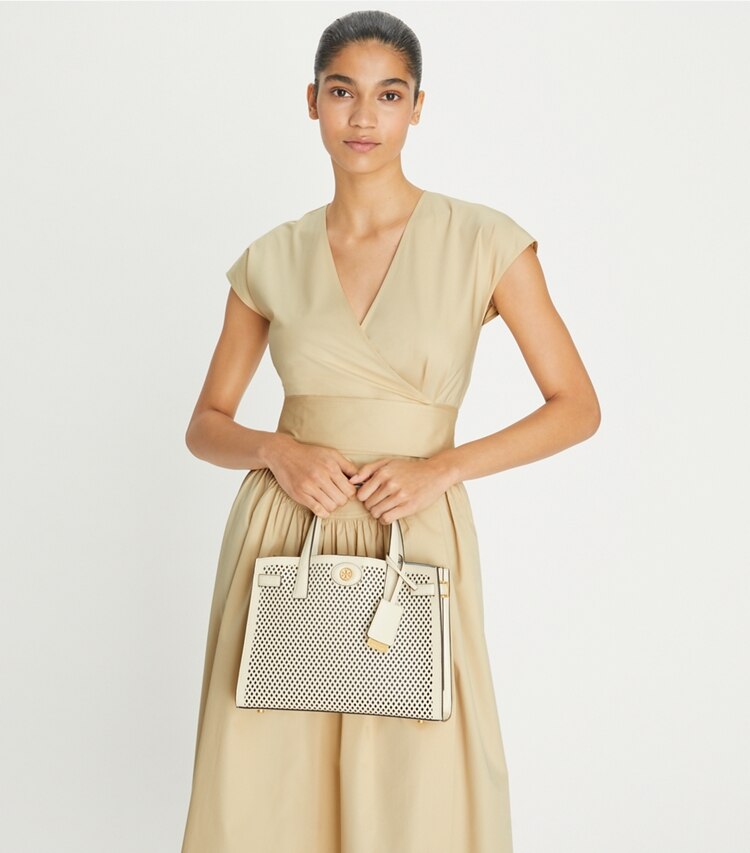 Tory Burch designer satchels Small Robinson Perforated Satchel in Light Cream additional on model