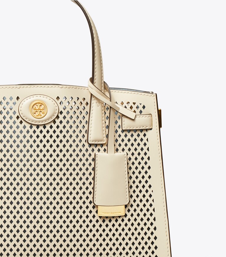 Tory Burch designer satchels Small Robinson Perforated Satchel in Light Cream angle