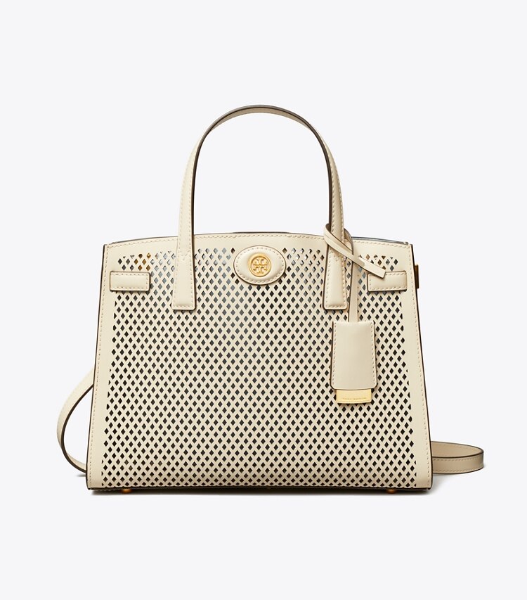 Tory Burch designer satchels Small Robinson Perforated Satchel in Light Cream front