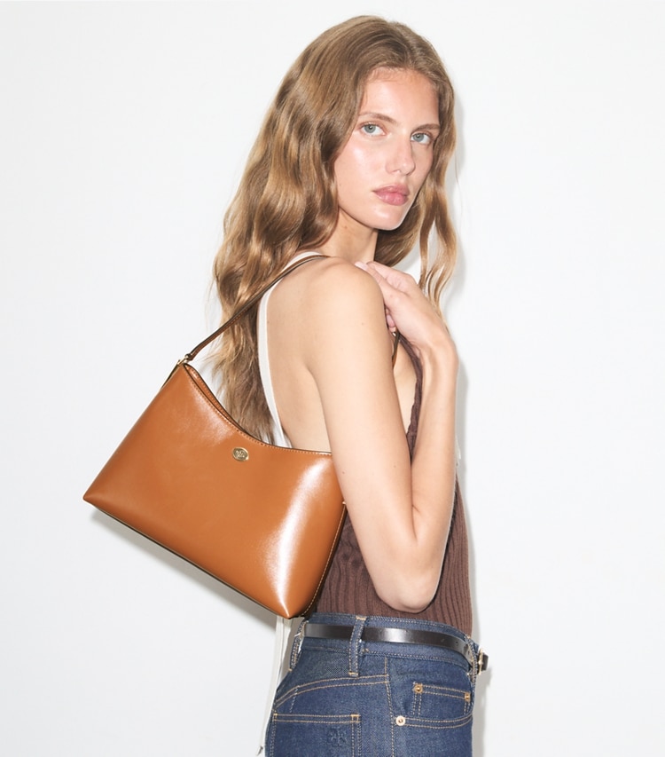 Tory Burch designer shoulder bags Small Robinson Shoulder Bag in Aged Tan accessory on model