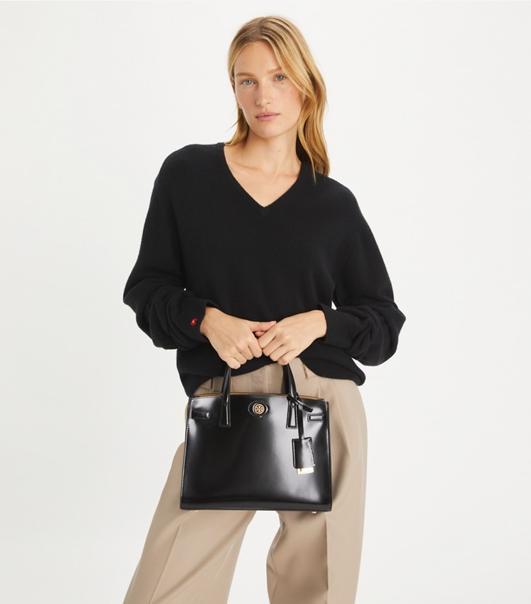 Tory Burch designer satchels Small Robinson Spazzolato Satchel in Black accessory on model