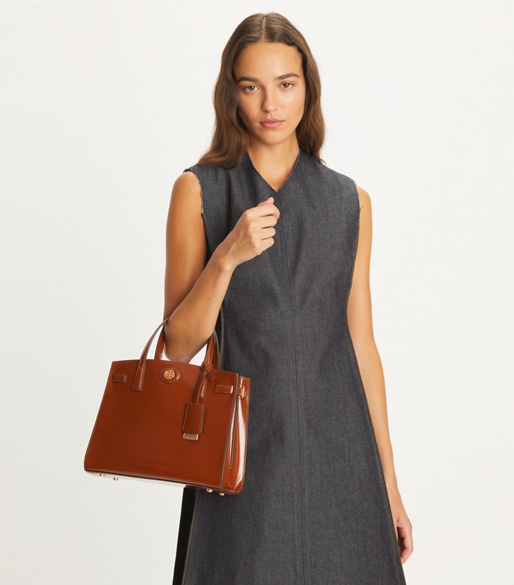 Tory Burch designer satchels Small Robinson Spazzolato Satchel in DARK SIENNA accessory on model