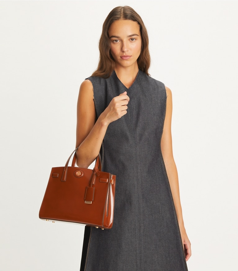 Tory Burch designer satchels Small Robinson Spazzolato Satchel in DARK SIENNA angle