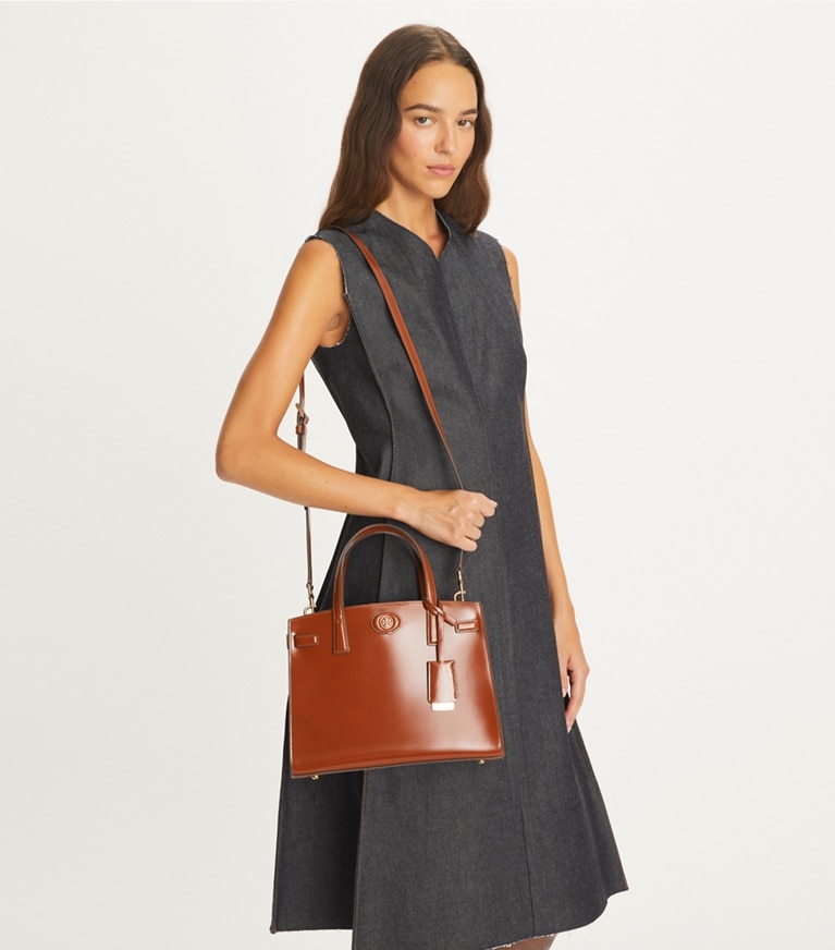 Tory Burch designer satchels Small Robinson Spazzolato Satchel in DARK SIENNA angle