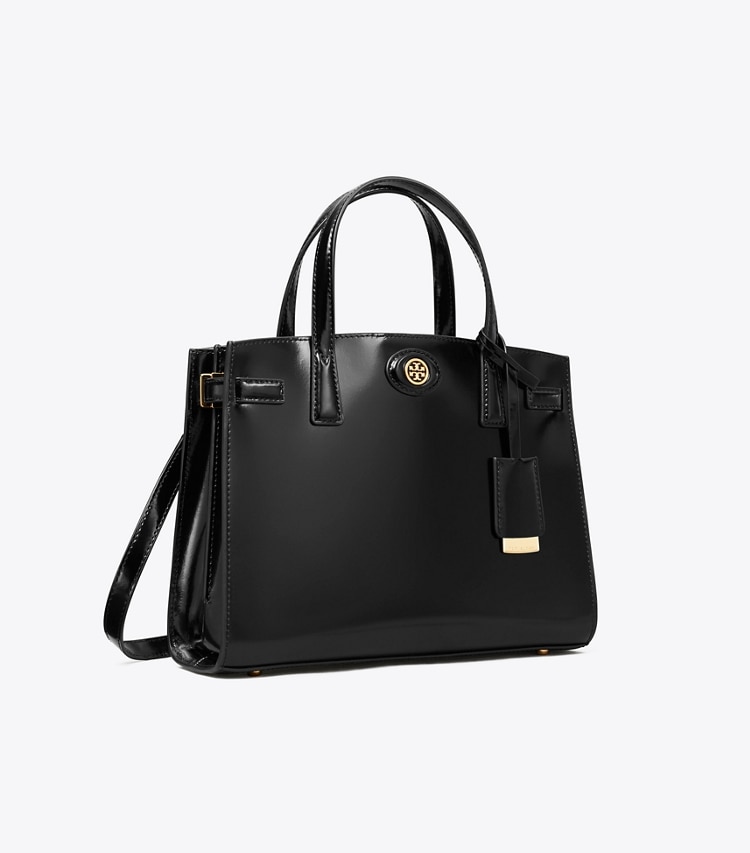 Tory Burch designer satchels Small Robinson Spazzolato Satchel in Black angle