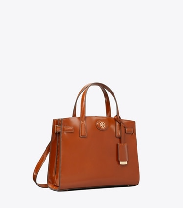 Tory Burch designer satchels Small Robinson Spazzolato Satchel in DARK SIENNA angle