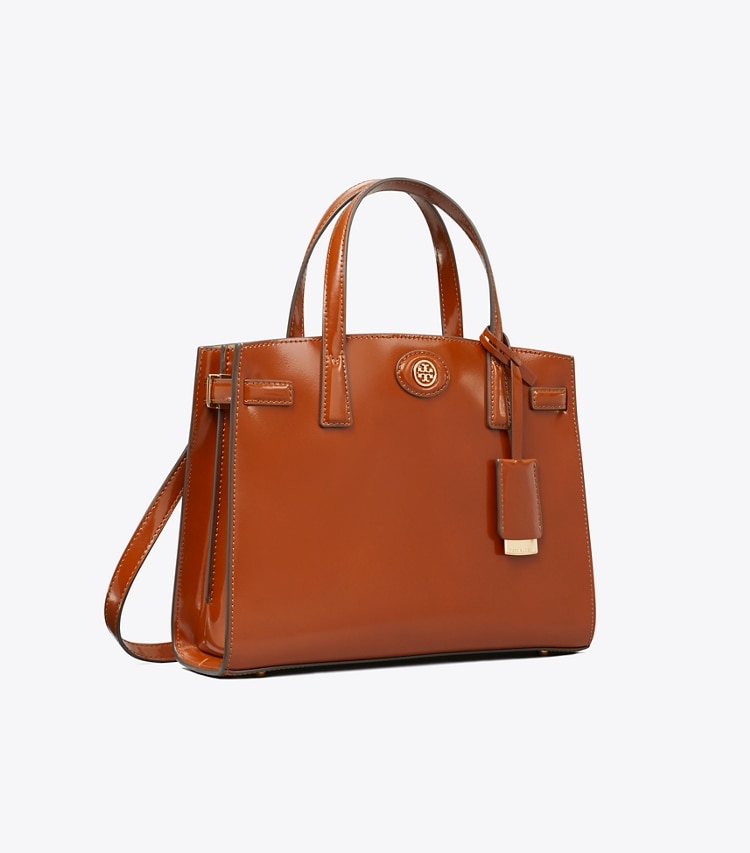 Tory Burch designer satchels Small Robinson Spazzolato Satchel in DARK SIENNA angle