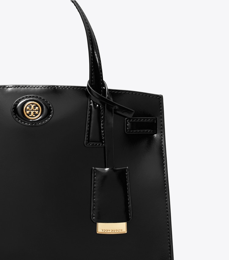 Tory Burch designer satchels Small Robinson Spazzolato Satchel in Black detail