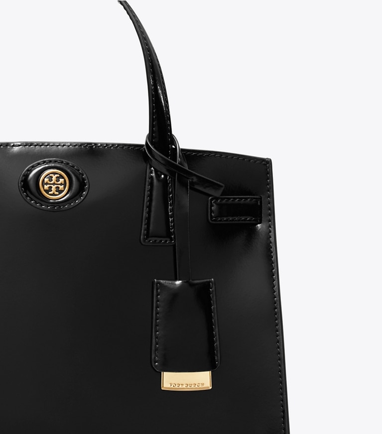 Tory Burch designer satchels Small Robinson Spazzolato Satchel in Black angle