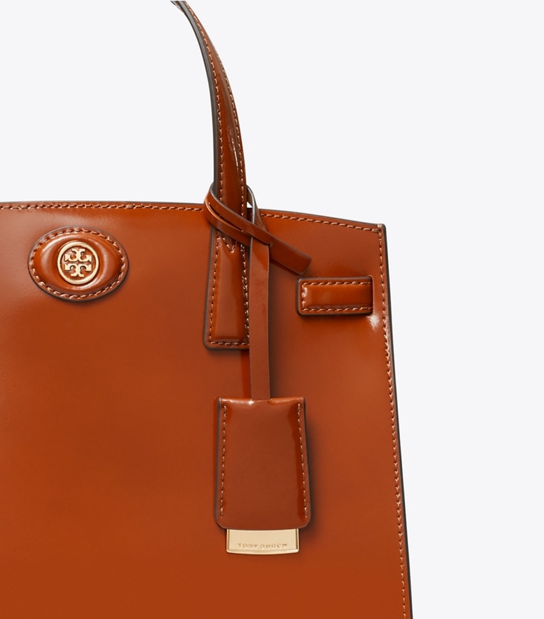 Tory Burch designer satchels Small Robinson Spazzolato Satchel in DARK SIENNA angle
