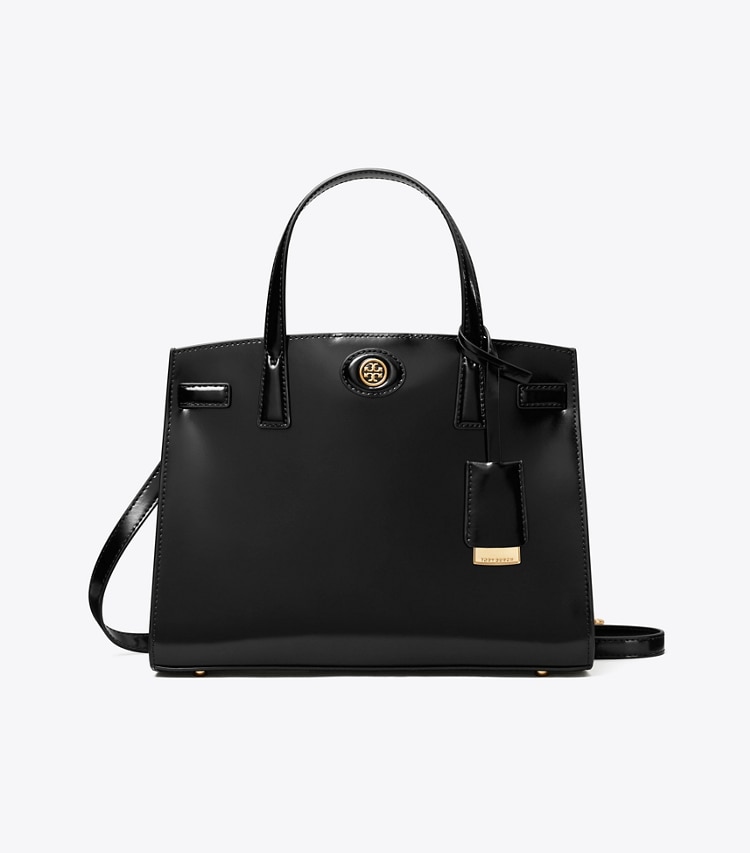 Tory Burch designer satchels Small Robinson Spazzolato Satchel in Black front