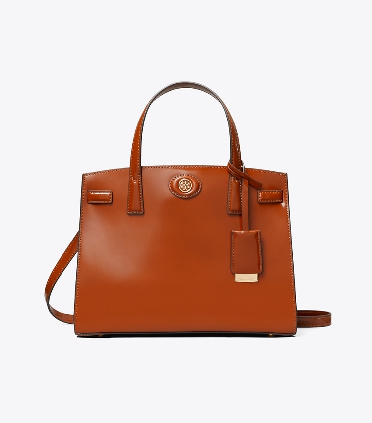 Tory Burch designer satchels Small Robinson Spazzolato Satchel in DARK SIENNA front