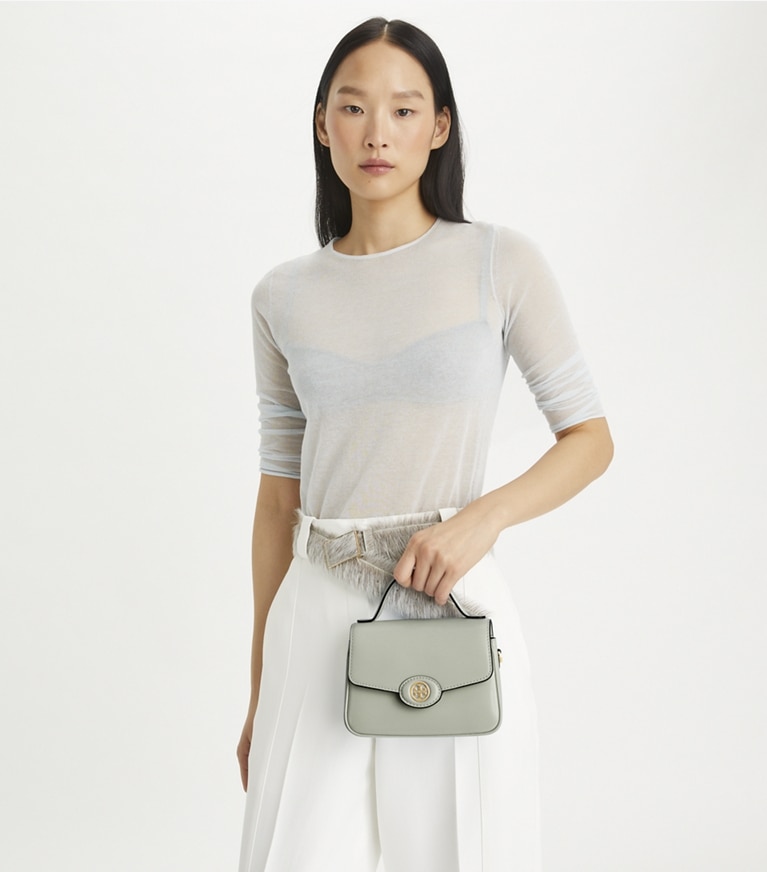 Tory Burch designer crossbody bags Small Robinson Spazzolato Top-Handle Bag in Light Granite angle