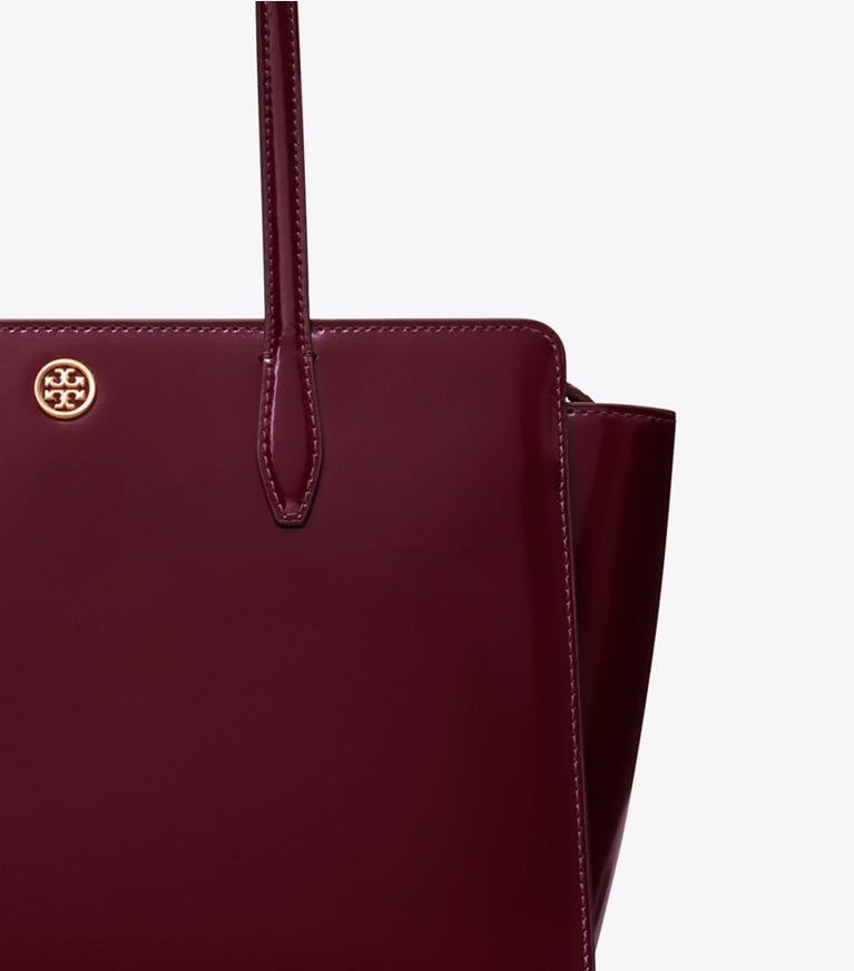 Tory Burch designer tote bags Small Robinson Spazzolato Tote Bag in Beetle Berry angle