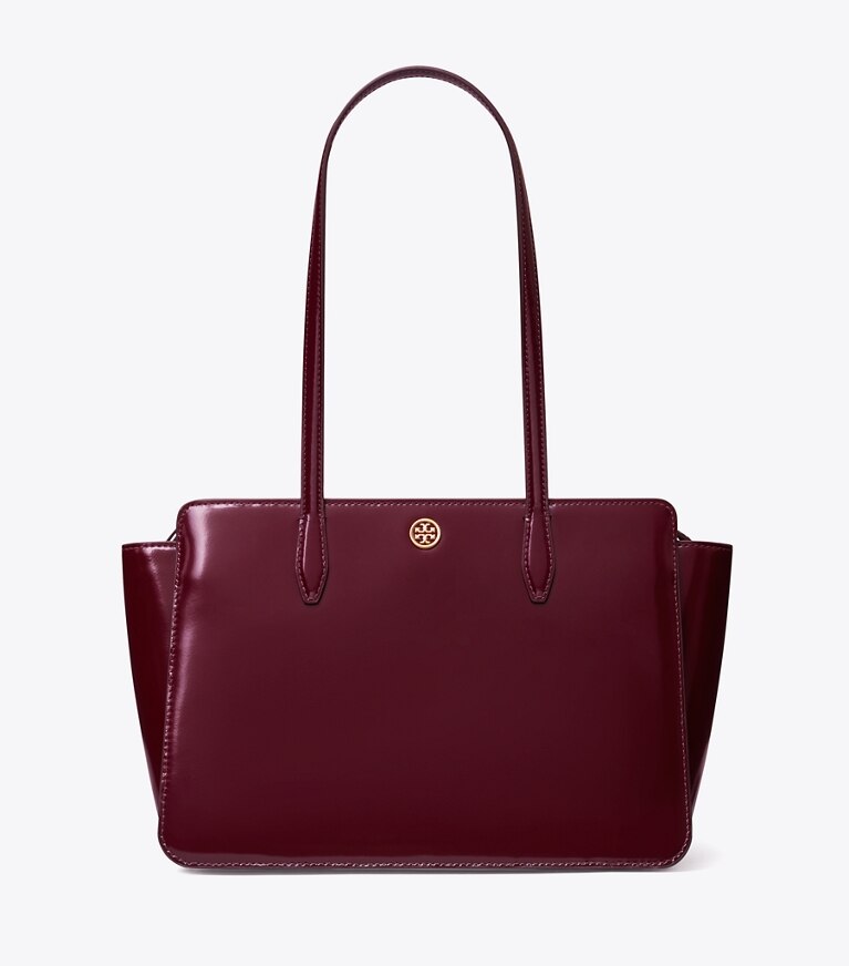 Tory Burch designer tote bags Small Robinson Spazzolato Tote Bag in Beetle Berry angle