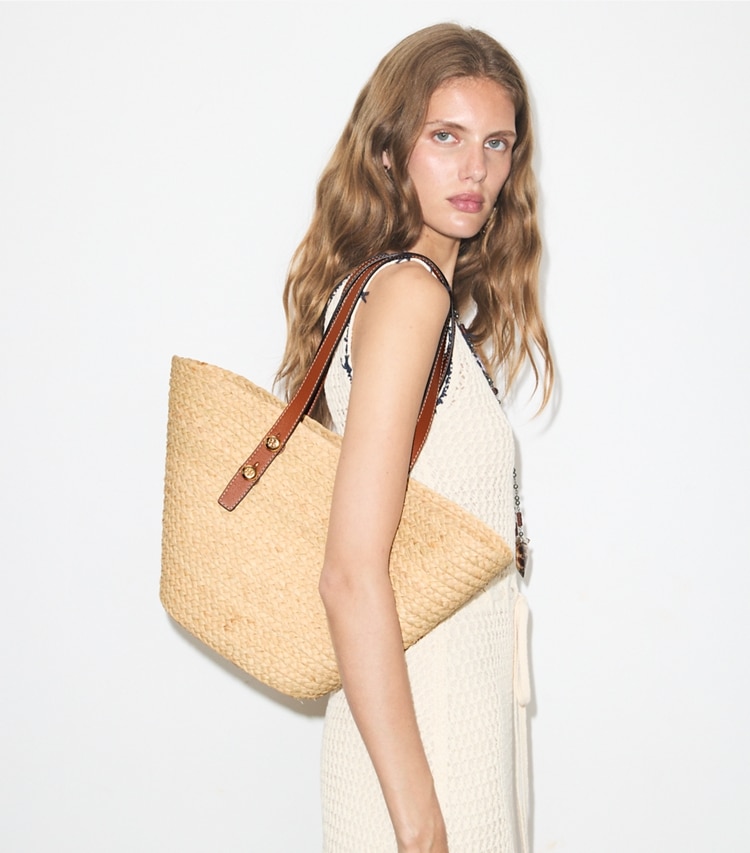 Tory Burch designer tote bags Small Romy Basket Tote in Natural accessory on model