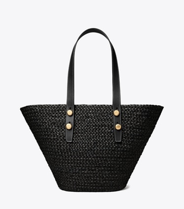 Tory Burch designer tote bags Small Romy Basket Tote in Black front