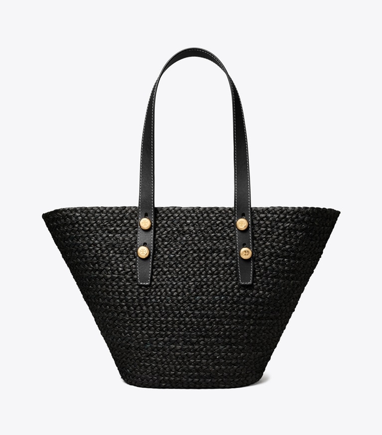 Tory Burch designer tote bags Small Romy Basket Tote in Black front