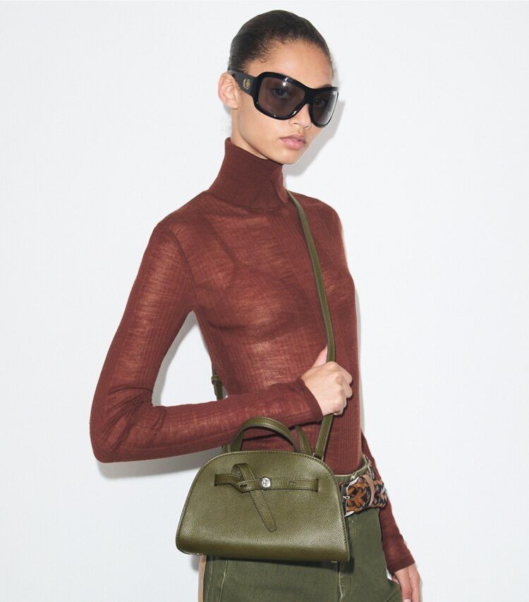 Tory Burch designer crossbody bags Small Romy Bauletto in Dark Olive additional on model