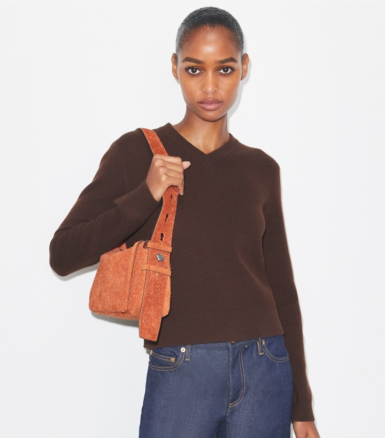 Tory Burch designer shoulder bags Small Romy Brushed Suede Shoulder Bag in ROUGH RUST accessory on model