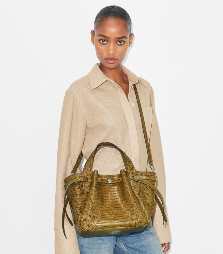 Tory Burch designer satchels Small Romy Croc-Embossed Tote in Shroom accessory on model
