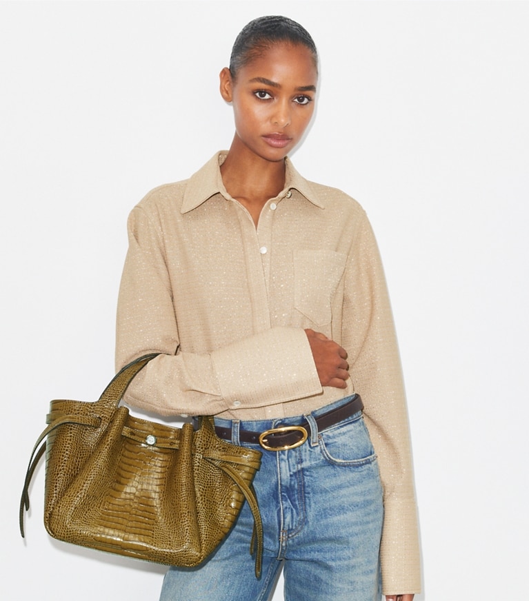 Tory Burch designer satchels Small Romy Croc-Embossed Tote in Shroom angle