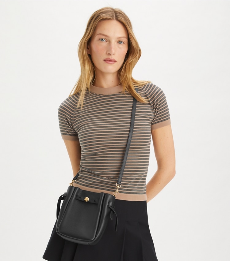 Tory Burch designer crossbody bags Small Romy Crossbody in Black accessory on model
