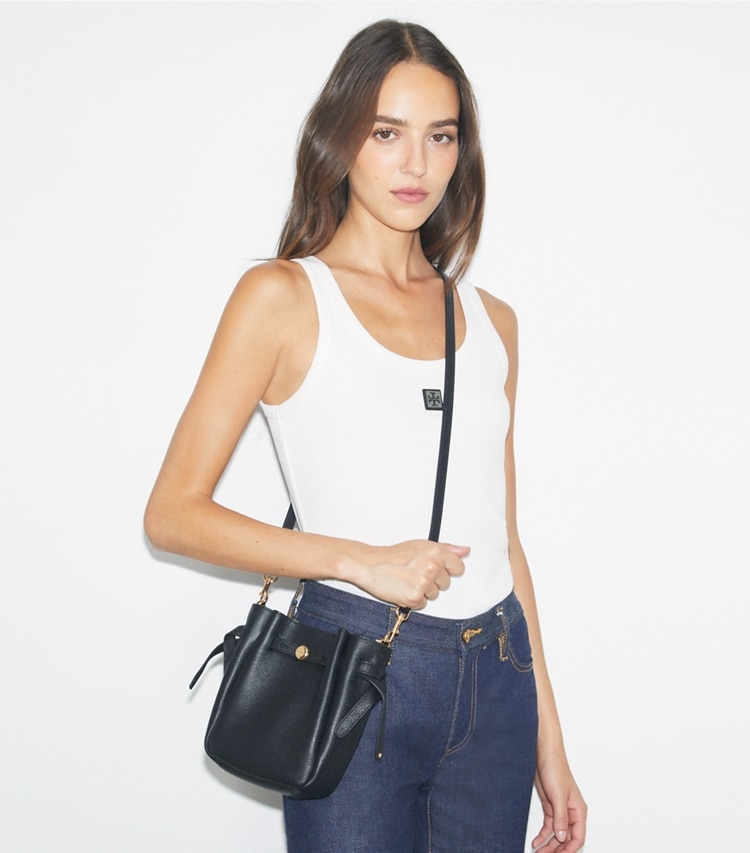 Tory Burch designer crossbody bags Small Romy Crossbody in Black accessory on model
