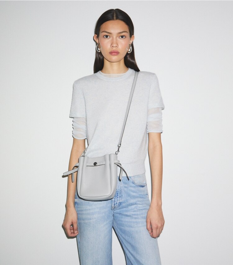 Tory Burch designer crossbody bags Small Romy Crossbody in Light Granite accessory on model