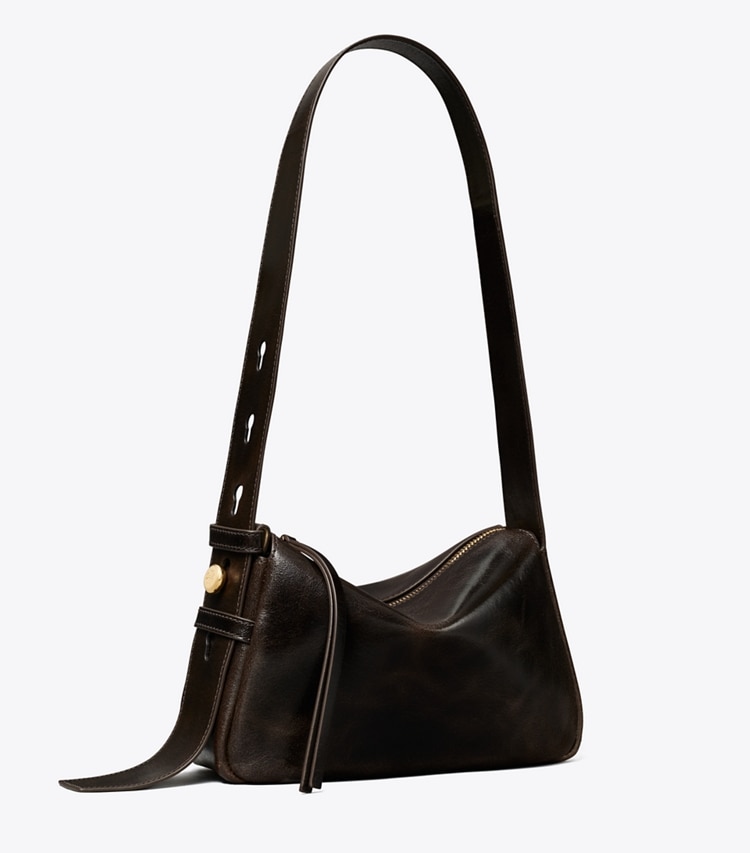 Tory Burch designer shoulder bags Small Romy Distressed Shoulder Bag in Dark Brown angle