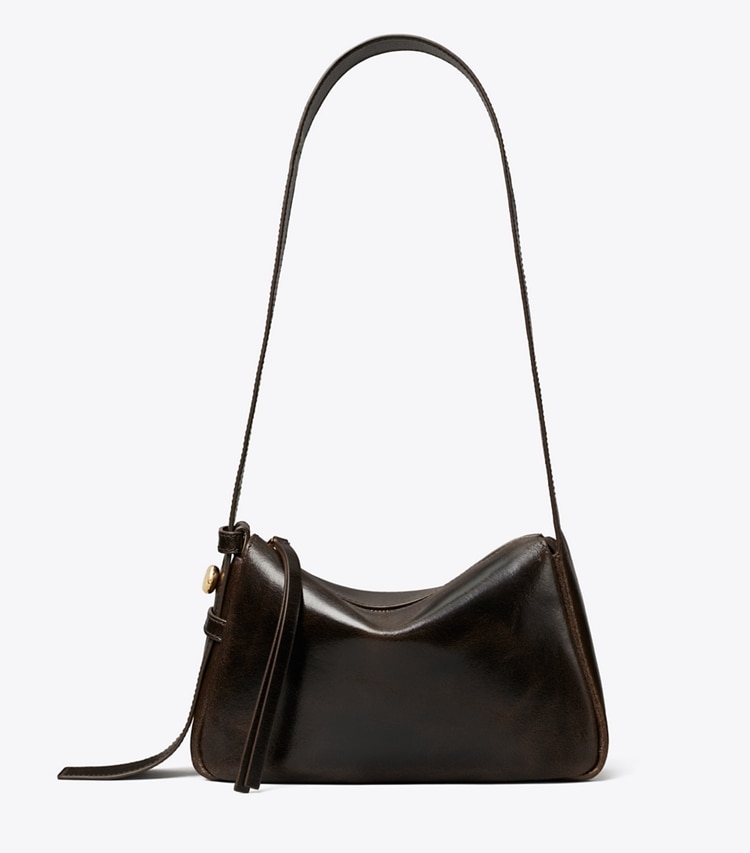 Tory Burch designer shoulder bags Small Romy Distressed Shoulder Bag in Dark Brown front