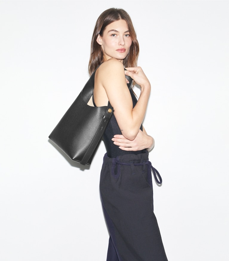 Tory Burch designer hobo bags Small Romy Hobo Bag in Black angle