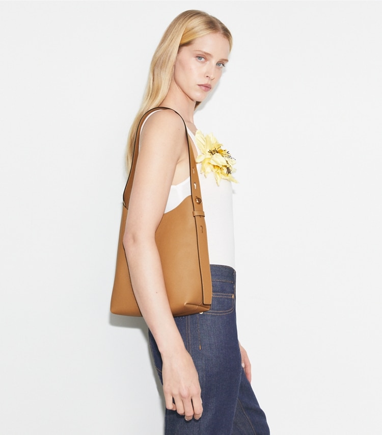 Tory Burch designer hobo bags Small Romy Hobo Bag in Tiramisu accessory on model