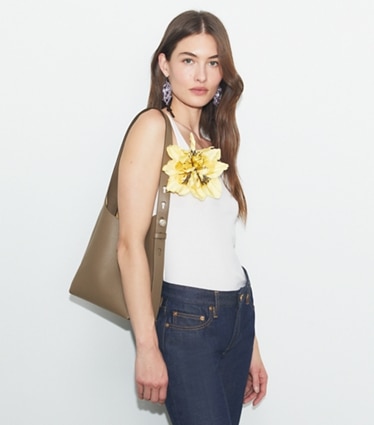 Tory Burch designer hobo bags Small Romy Hobo Bag in Wild Mushroom accessory on model
