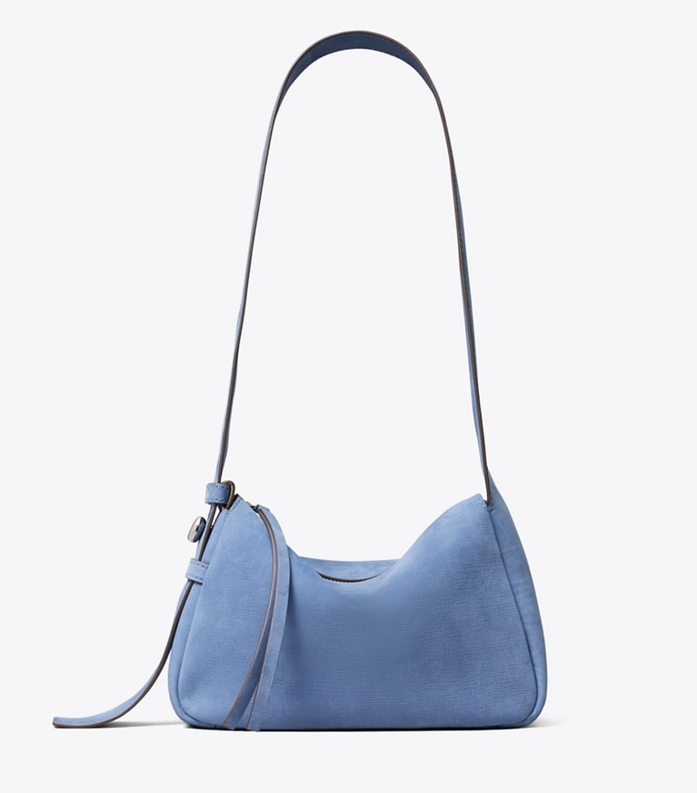 Tory Burch designer crossbody bags Small Romy Nubuck Shoulder Bag in Soft Blue front