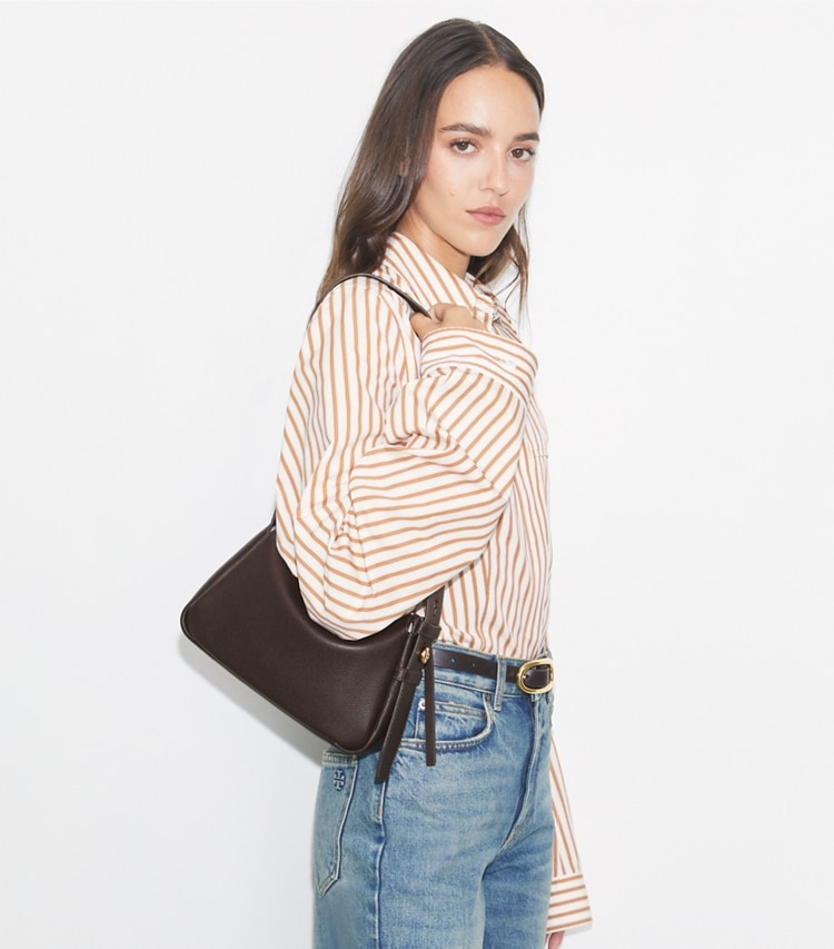 Tory Burch designer shoulder bags Small Romy Shoulder Bag in Deep Brown accessory on model