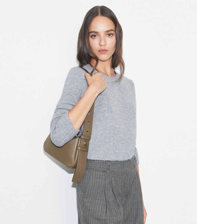 Tory Burch designer shoulder bags Small Romy Shoulder Bag in Wild Mushroom accessory on model
