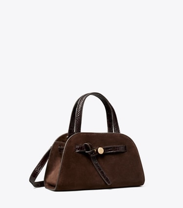 Tory Burch designer crossbody bags Small Romy Suede Bauletto in DARK COCOA angle