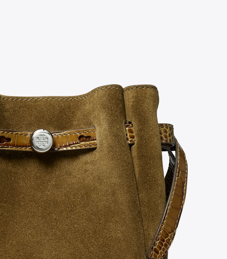Tory Burch designer crossbody bags Small Romy Suede Crossbody in Deep Olive detail