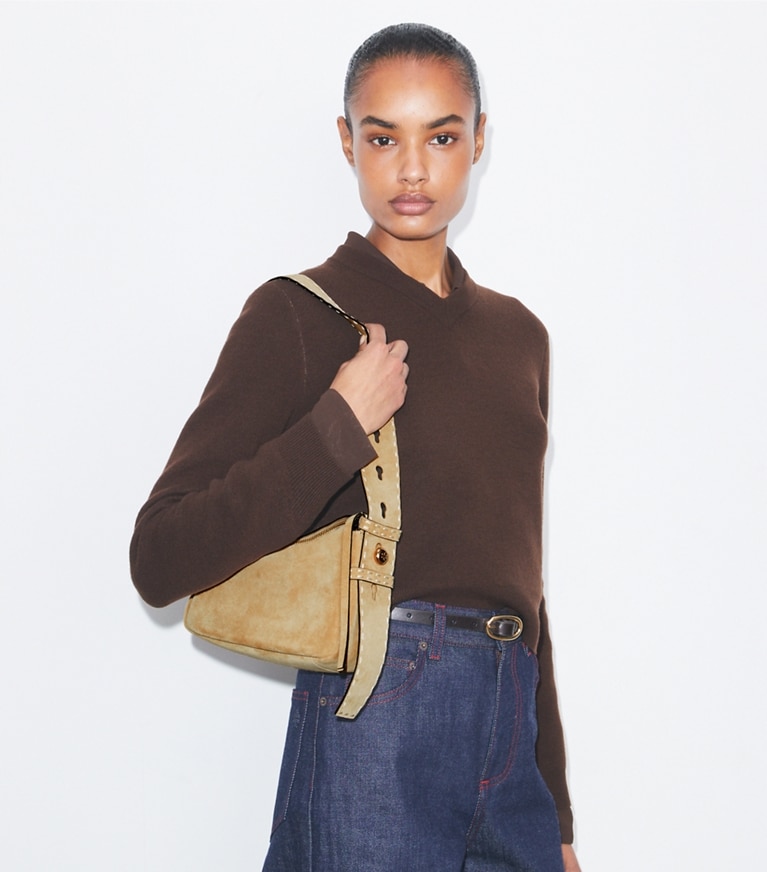 Tory Burch designer shoulder bags Small Romy Suede Pick Stitch Shoulder Bag in Butter accessory on model