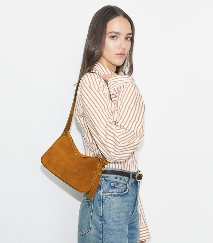 Tory Burch designer shoulder bags Small Romy Suede Shoulder Bag in Park Bench accessory on model