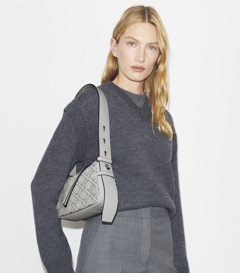 Tory Burch designer shoulder bags Small Romy T Monogram Shoulder Bag in Gray angle