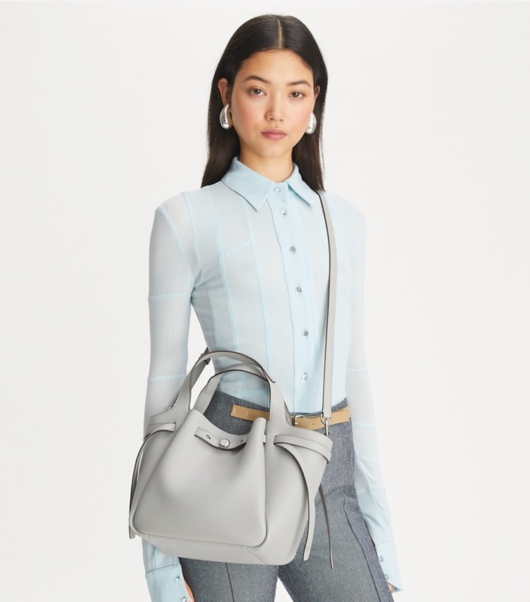 Tory Burch designer tote bags Small Romy Tote in Light Granite accessory on model