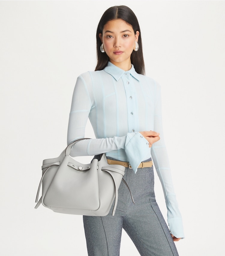 Tory Burch designer tote bags Small Romy Tote in Light Granite additional on model