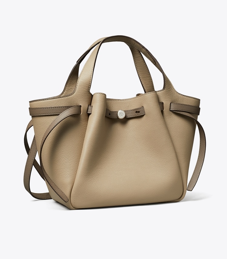 Tory Burch designer トートバッグ ロミー スモールトートバッグ in Soft Cement / Wild Mushroom angle