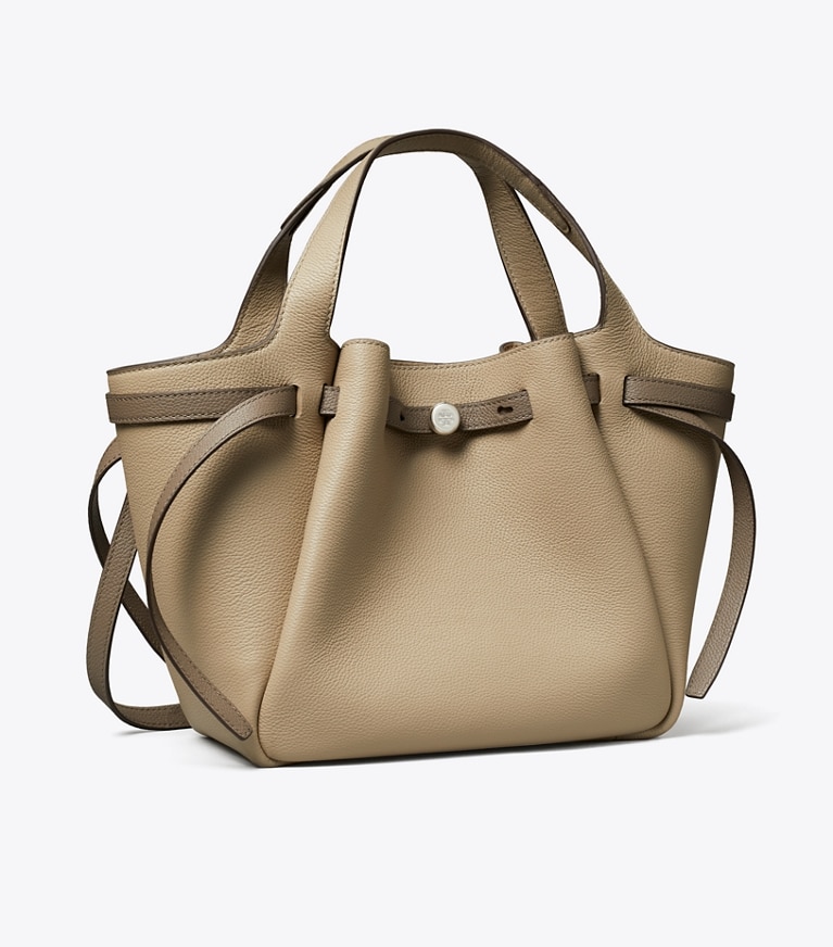 Tory Burch designer トートバッグ ロミー スモールトートバッグ in Soft Cement / Wild Mushroom angle
