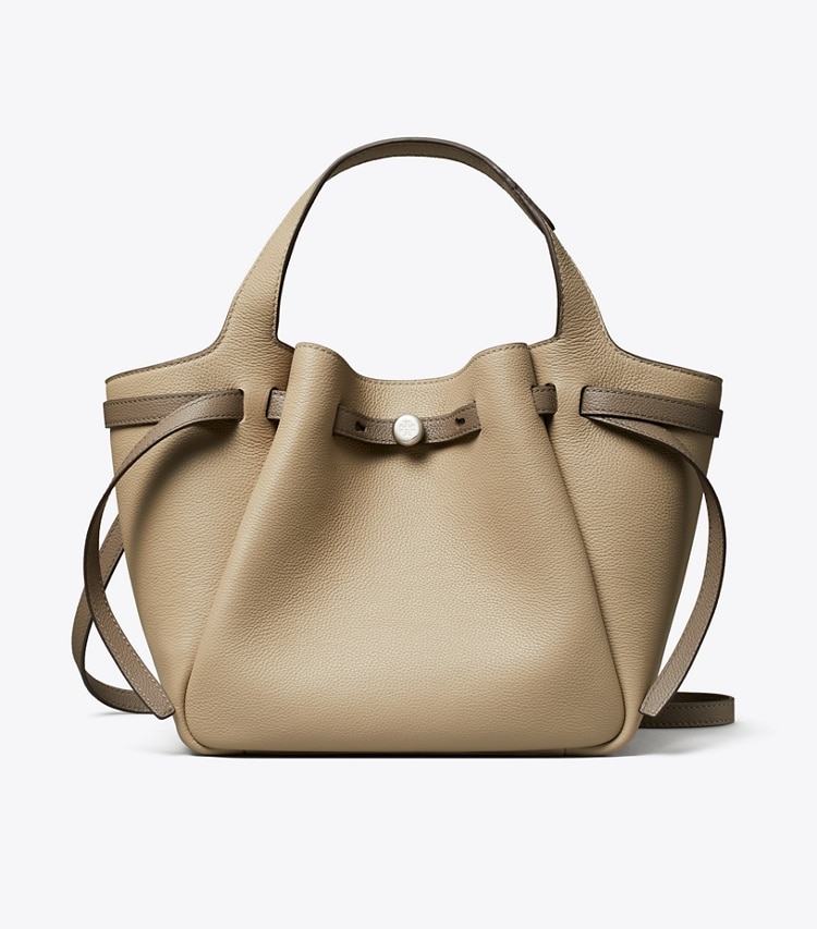 Tory Burch designer トートバッグ ロミー スモールトートバッグ in Soft Cement / Wild Mushroom front