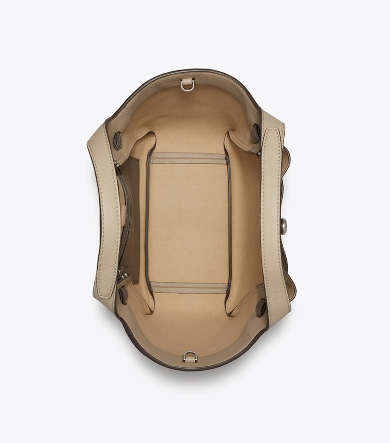 Tory Burch designer トートバッグ ロミー スモールトートバッグ in Soft Cement / Wild Mushroom オーバーヘッド