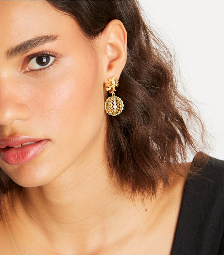Tory Burch designer earrings Small Roxanne Drop Earring in Rolled Gold/Light Blue accessory on model